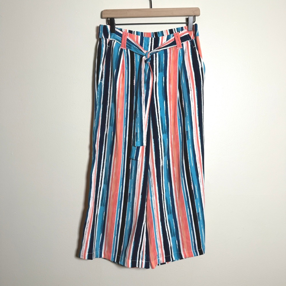 Cato Womens Ankle Pants M Blue Pink Stripe‎ Abstract Wide Leg Palazzo